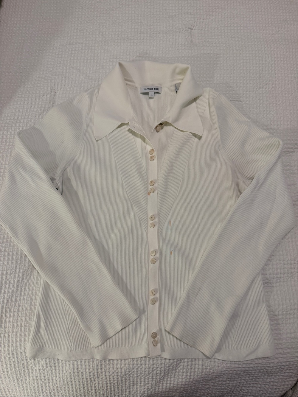 Veronica Beard Classic Cream Button-Front Ribbed Long-Sleeve Top